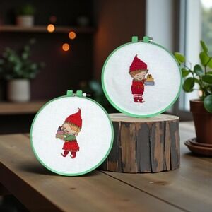 Vintage Hand Cross Stitched Elves Set of 2 Green Hoops Christmas Decor Fairycore